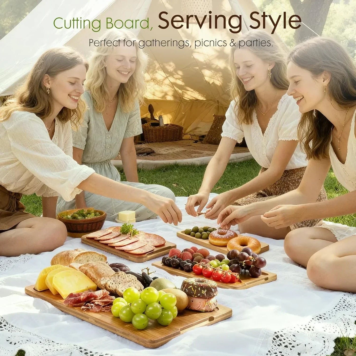 Wooden cutting boards for picnics, serving cheese, charcuterie, fruit & donuts at outdoor gatherings