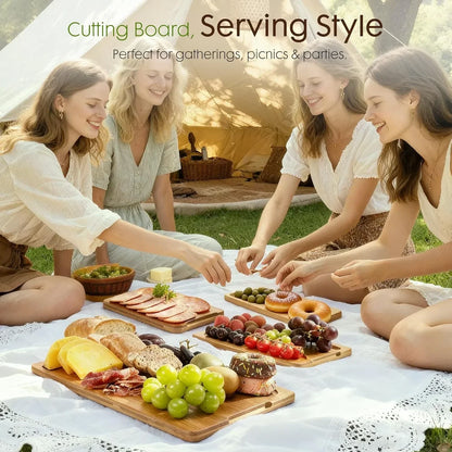 Wooden cutting boards for picnics, serving cheese, charcuterie, fruit & donuts at outdoor gatherings