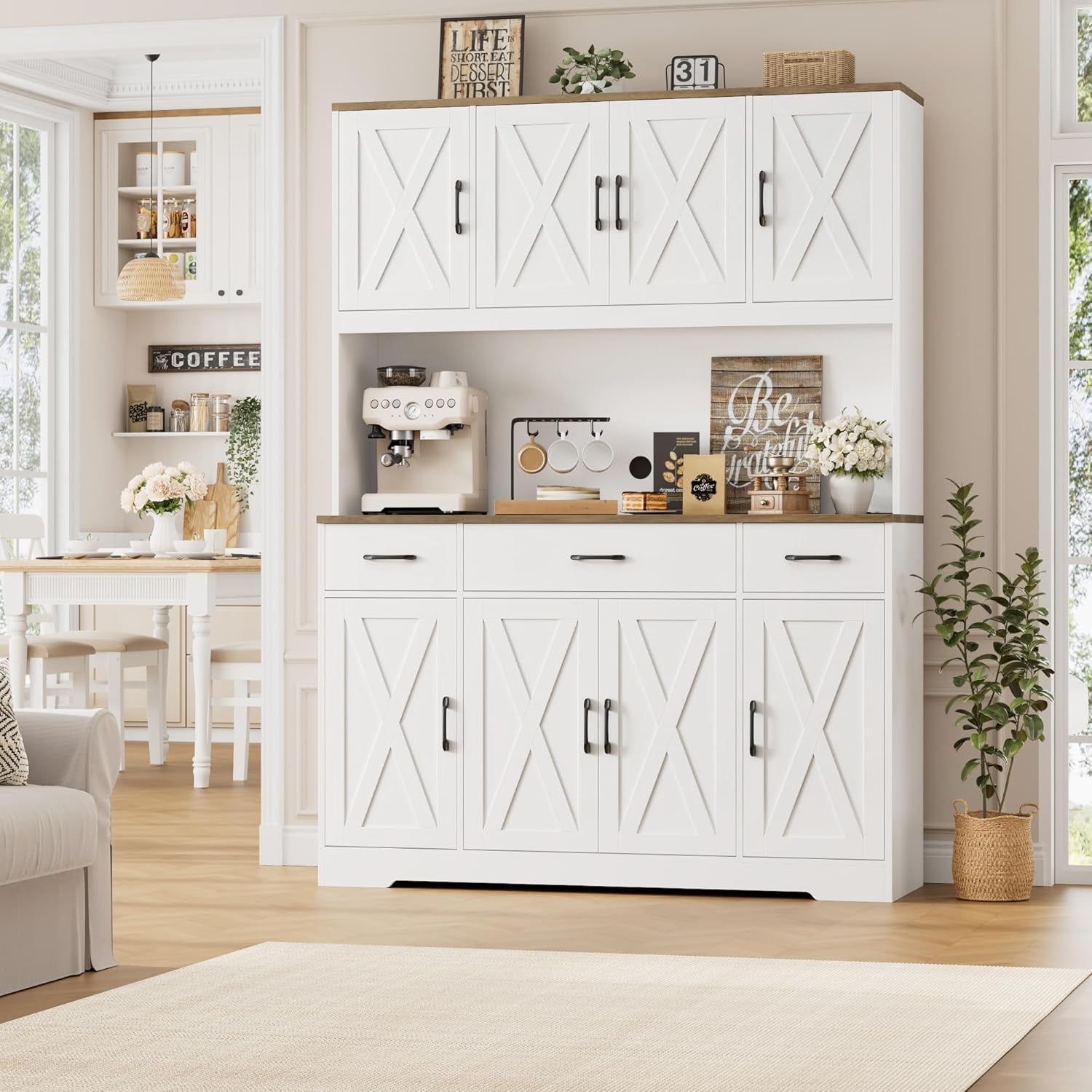 71" Tall Pantry Cabinet with Charging Station, 55" Wide Kitchen Pantry Storage Cabinet with Countertop, Large Kitchen Hutch with Storage Drawers and Microwave Stand for Dining Room, White