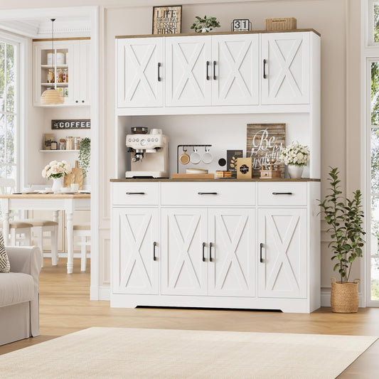 71" Tall Pantry Cabinet with Charging Station, 55" Wide Kitchen Pantry Storage Cabinet with Countertop, Large Kitchen Hutch with Storage Drawers and Microwave Stand for Dining Room, White