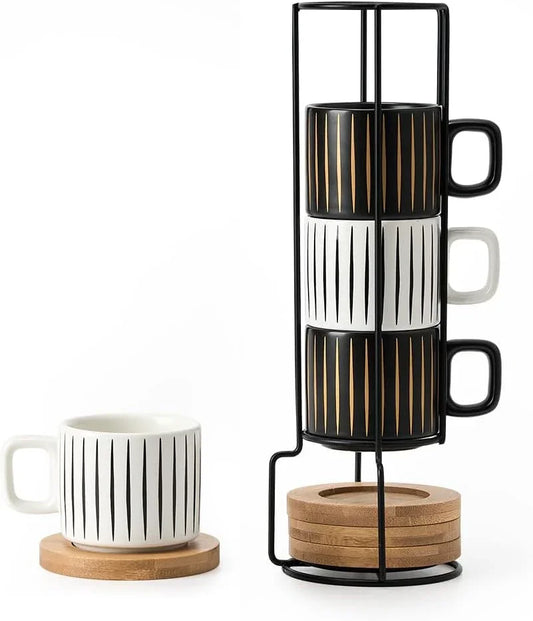Porcelain Espresso Cup with Saucer and Metal Stand, 4 Ounce Stackable Ceramic Demitasse Espresso Mugs Cups Set for Latte, Specialty Coffee Drinks, Cafe Mocha,Tea - Set of 4, White & Black