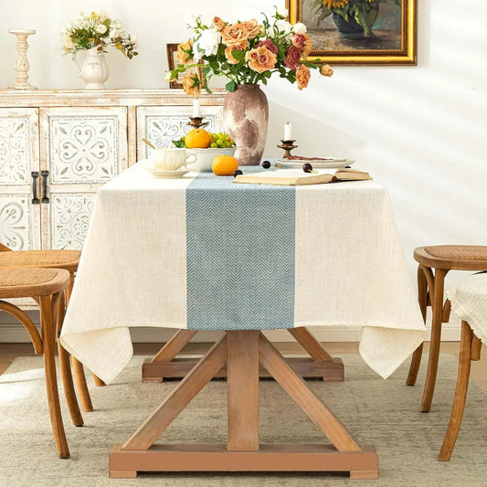 Rectangle Tablecloth Cotton Linen Waterproof Table Cloth Rustic Farmhouse Table Cover for Holiday Parties Christmas Kitchen Dining Decoration-Beige and Blue -54"X70"
