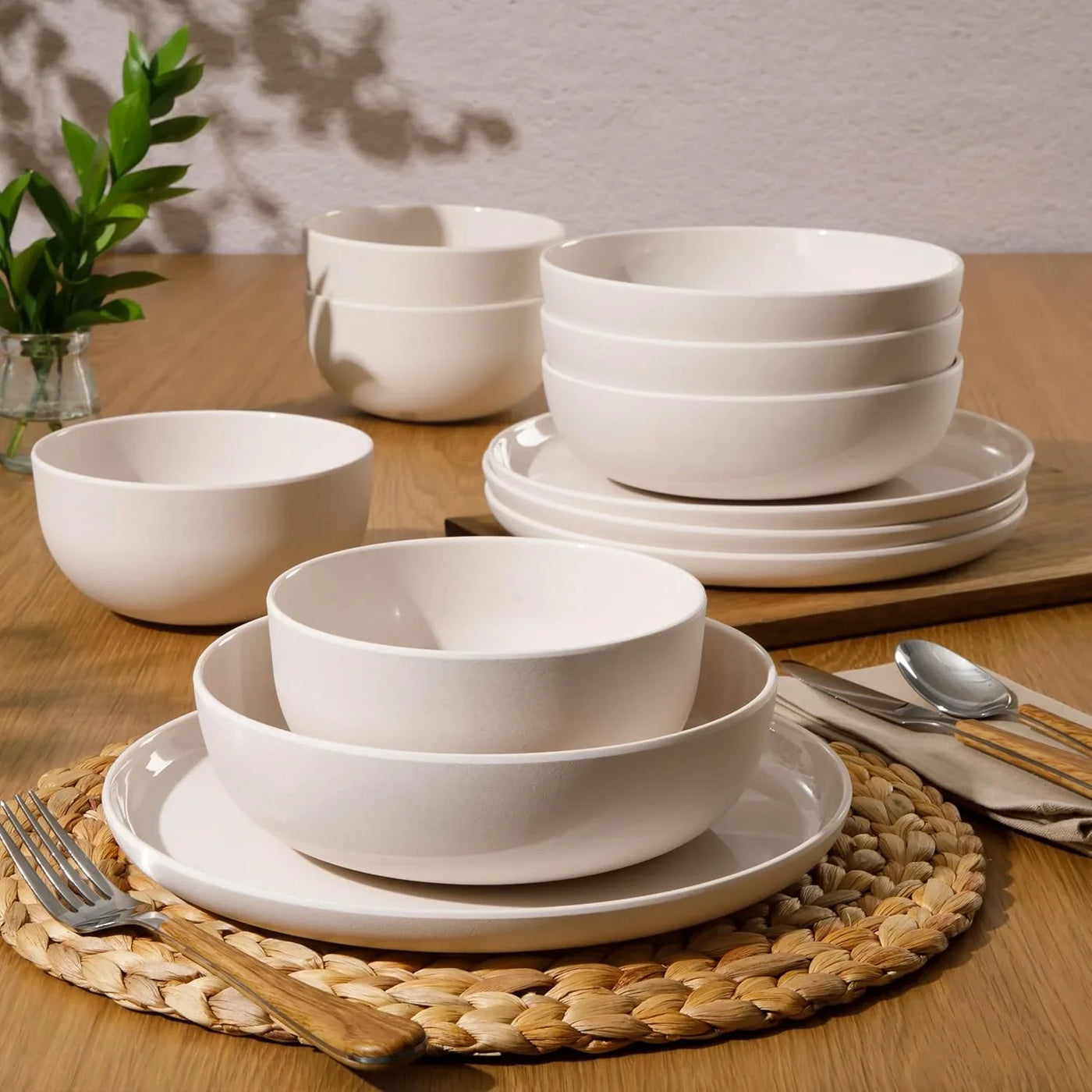 Candy Skies 12 Piece Unbreakable Wheat Straw Melamine Plates and Bowls Dinnerware Set - Outdoor, Camping, & Everyday Use - Matte Exterior/Shiny Interior Taupe Cream