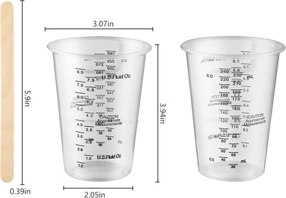 20Pcs 8Oz Graduated Clear Plastic Measuring Mixing Cups with 20Pcs Wooden Stirring Sticks for Mixing Paint, Pigments, Epoxy Resins