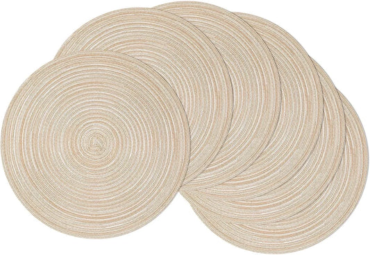 round Placemats Set of 6 Cotton Polyester Braided Place Mats 15 Inch Heat Resistant Washable Table Mats for Kitchen Dining Party Natural Table Decor (Beige, 6)
