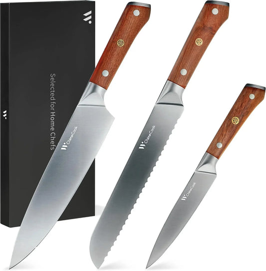 Rosewood Knife Set - 3Pcs, Chef/Bread/Utility Knives, High Carbon Stainless Steel, Ultra Sharp, Simple & Practical Essential Kitchen Knife Set for Everyday