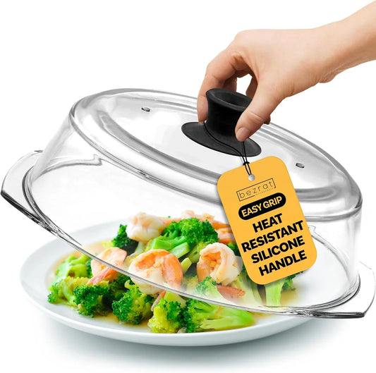 Microwave Tall Glass Plate Cover | Splatter Guard Lid with Easy Grip Silicone Handle Knob | 100% Food Grade | BPA Free and Dishwasher Safe | 10 Inch (Black-)
