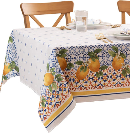 Home Fashions Capri Lemon Double-Bordered Mediterranean Spring/Summer Fabric Tablecloth, Rectangle, 60 Inches X 144 Inches