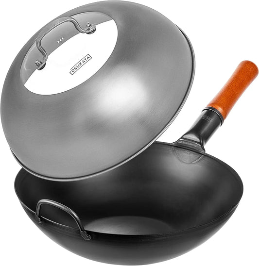 Carbon Steel Wok Pan – 13,5 “ Woks and Stir Fry Pans + Wok Lid 12.8 Inch - Premium Stainless Wok Cover with Tempered Glass Insert Steam Holes and Ergonomic Handle