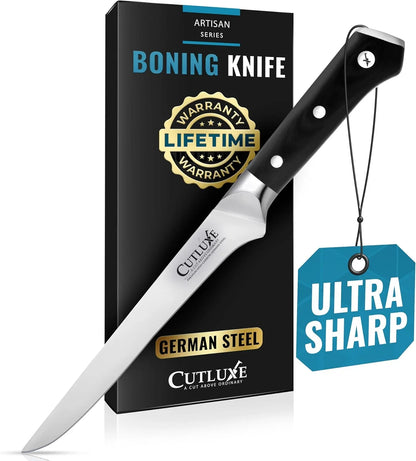 Boning Knife – 6" Razor Sharp Fillet – High Carbon German Steel – Full Tang Ergonomic Handle Design, Grilling Gifts for Men – Artisan Series