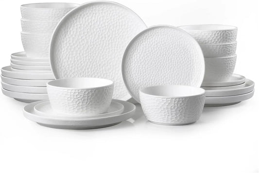 Ceramic Dinnerware Set, 24-Piece Porcelain Plates and Bowls Set for 8, Matte Black or White, Hammered Texture, Microwave, Dishwasher & Oven Safe, Perfect for Home, Weddings & Gifts