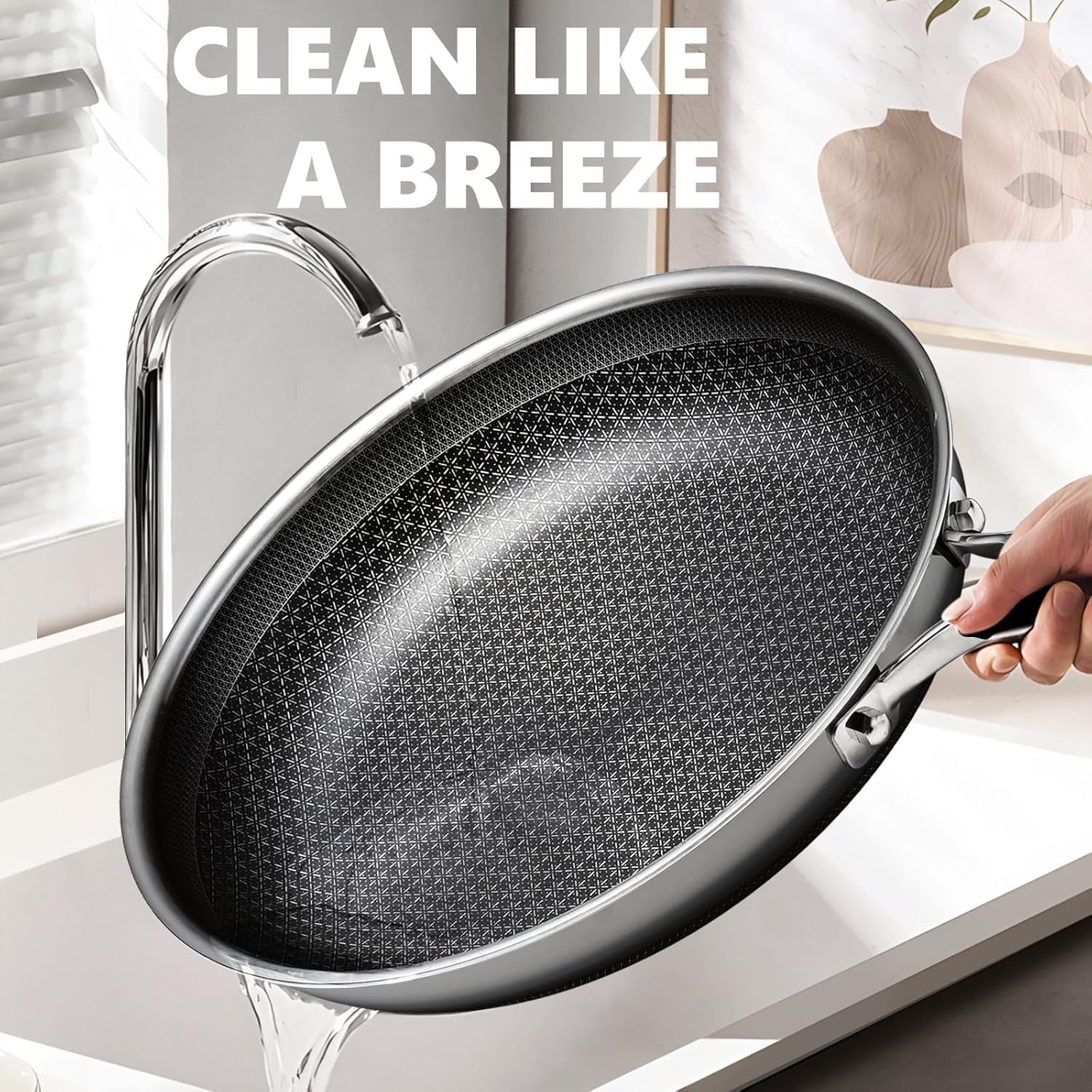 Non Stick Frying Pans Set with 2 Lid, Hybrid Skillet Set Nonstick (8+10+12Inch), Pans for Cooking, PFOA Free Stainless Steel Kitchen Set, Dishwasher and Oven-Safe Cookware Sets