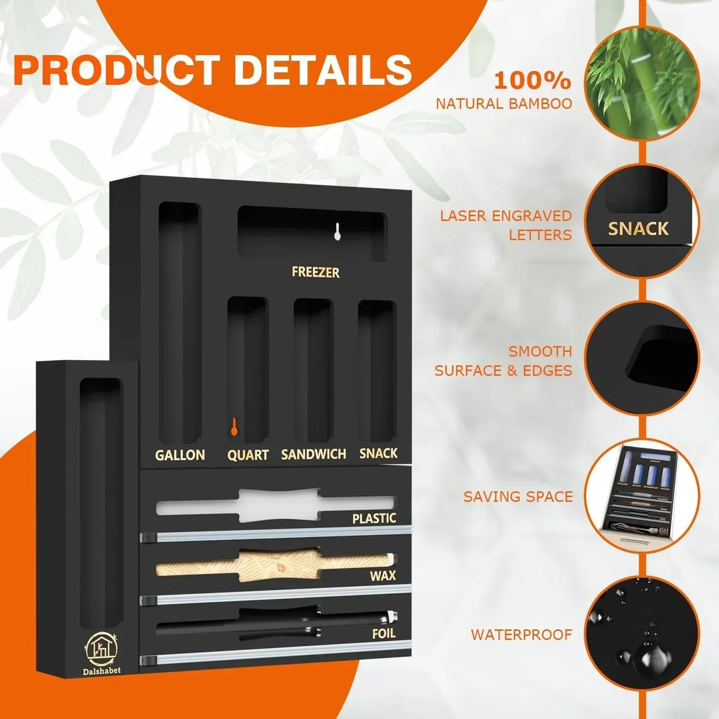 Black bamboo kitchen organizer with labeled slots for gallon, quart, sandwich, snack, plastic, wax, foil