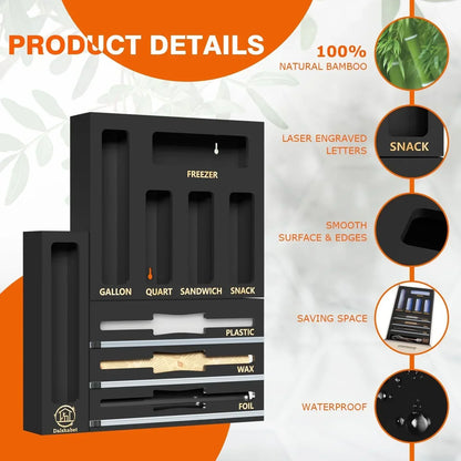 Black bamboo kitchen organizer with labeled slots for gallon, quart, sandwich, snack, plastic, wax, foil