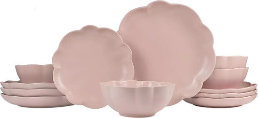 12 Pieces Scalloped Dinnerware Set, Modern Pink Dishes for 4, Premium Serving Plates & Bowls Sets, Chip Resistant, Ceramic Dishware, Kitchen Dish, Microwave & Dishwasher Safe, Bethany