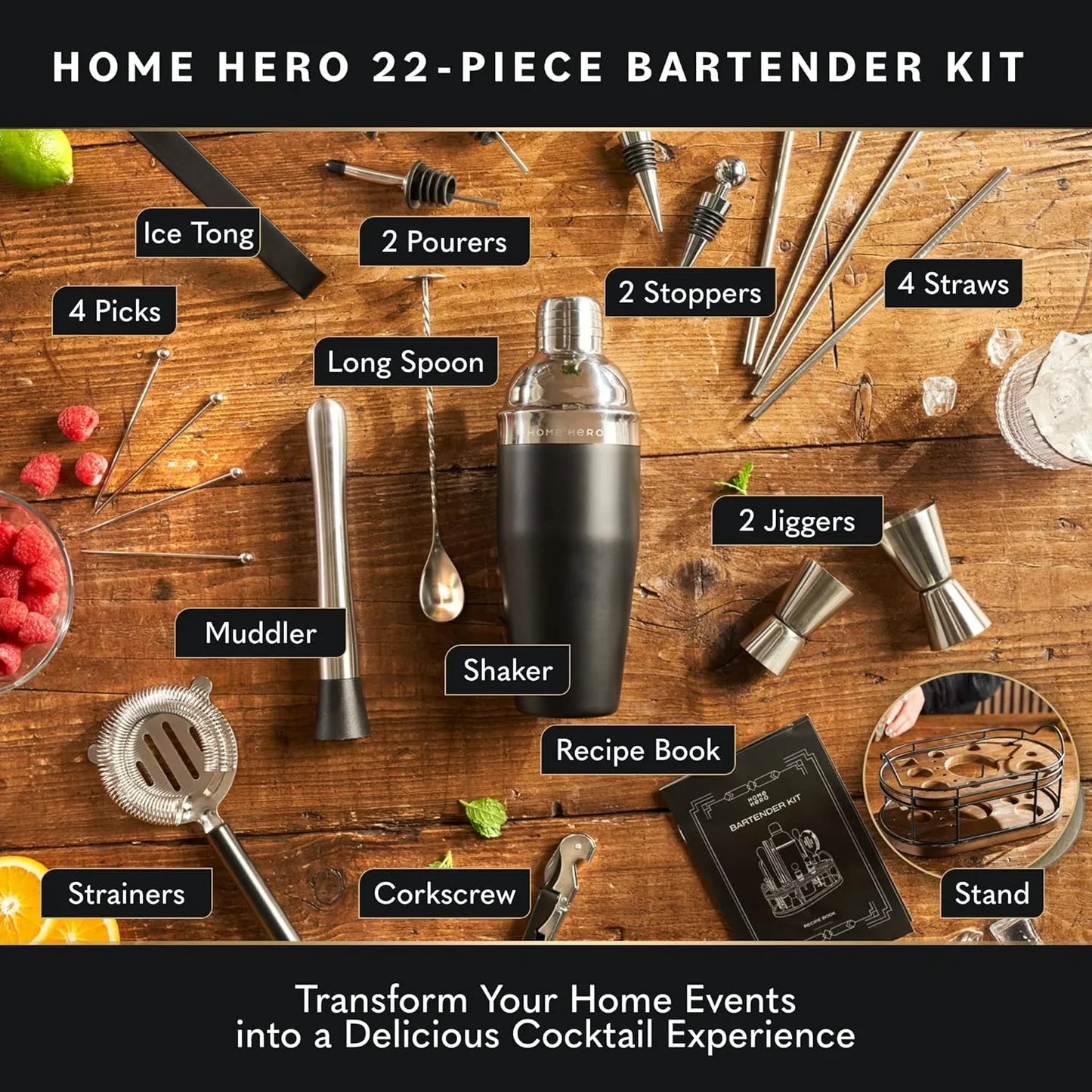 Bartender Kit - 22-Piece Cocktail Shaker & Bar Tool Set - Wooden Stand Display & Bar Cart Accessories - Recipe Book & Housewarming Gifts - 22-Pc, Silver