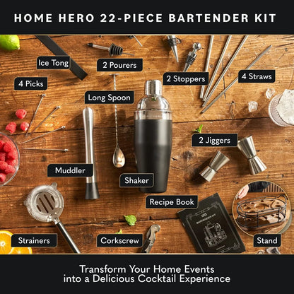 Bartender Kit - 22-Piece Cocktail Shaker & Bar Tool Set - Wooden Stand Display & Bar Cart Accessories - Recipe Book & Housewarming Gifts - 22-Pc, Silver