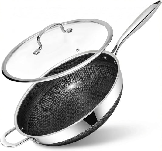 Wok Pan 12 Inch Non Stick Stainless Steel Woks & Stir-Fry Pans with Tempered Glass Lid, Stay-Cooling Handle Non Toxic PFOA Free Chef'S Pan, Dishwasher and Oven Safe All Cooktops Compatible