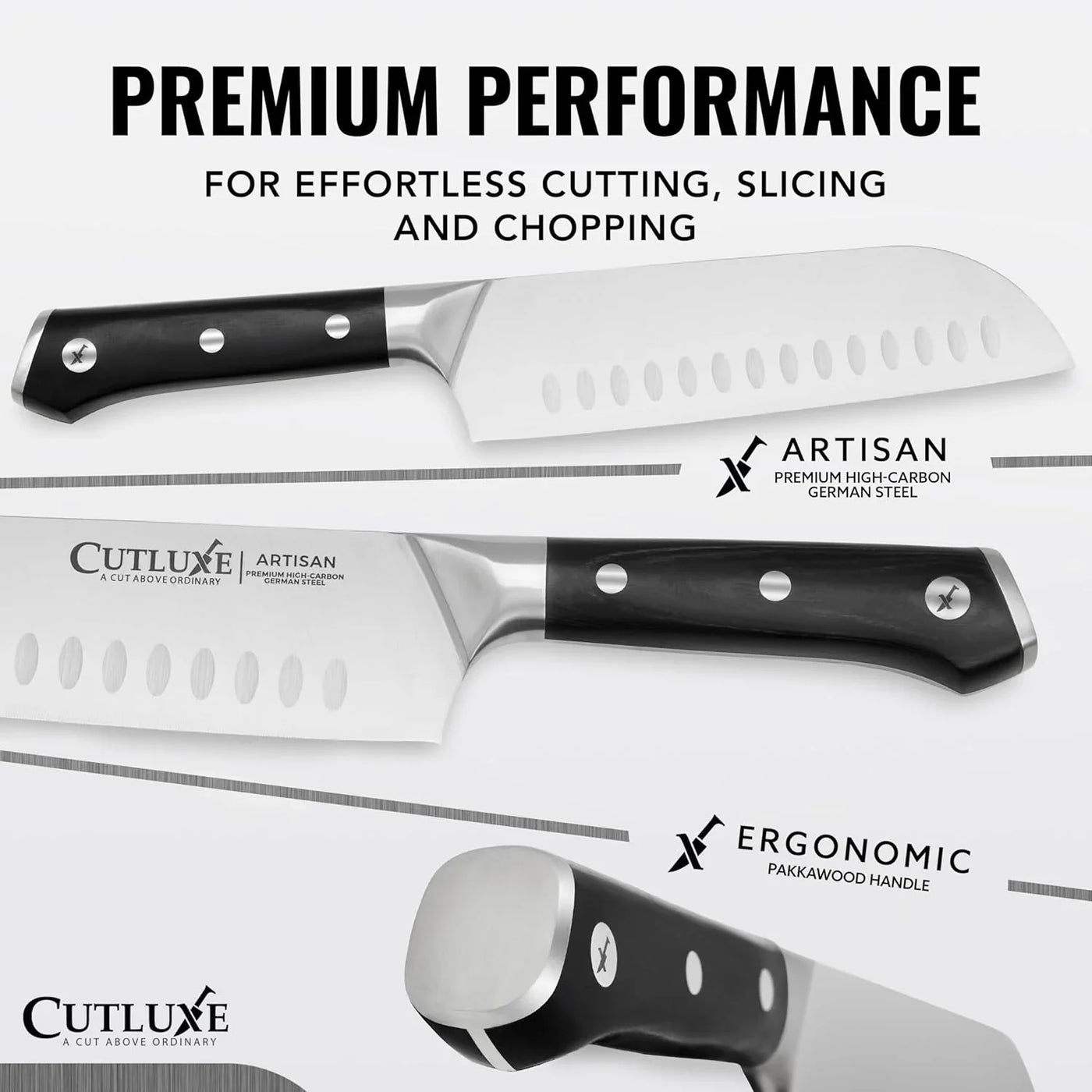 Santoku Knife – 7" Chopping Knife, Meat and Vegetable Knife – Forged High Carbon German Steel – Sheath Included – Full Tang & Razor Sharp – Ergonomic Handle Design – Artisan Series