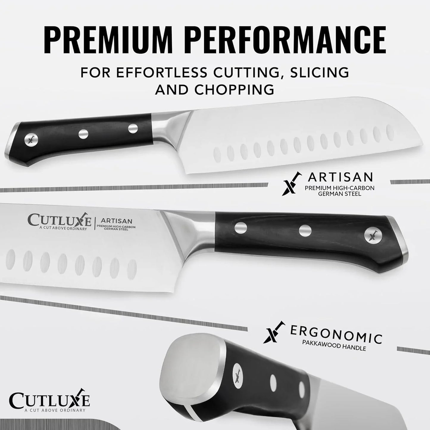 Santoku Knife – 7" Chopping Knife, Meat and Vegetable Knife – Forged High Carbon German Steel – Sheath Included – Full Tang & Razor Sharp – Ergonomic Handle Design – Artisan Series