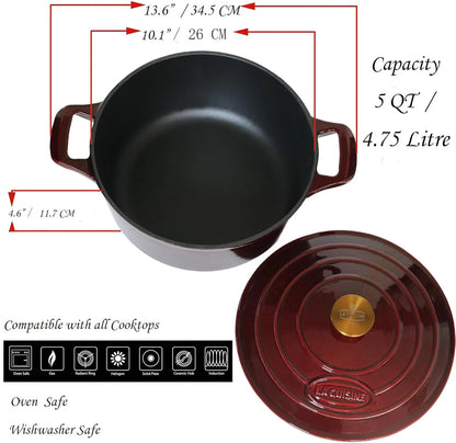 Enameled Cast Iron Dutch Oven Casserole Dish Pot with Lid, 5 QT 10.3“ /26Cm Dia. Internal Matt Black Enamel Coating Gold-Plated SS Lid Handle Oven Safe up to 500° F, Cranberry