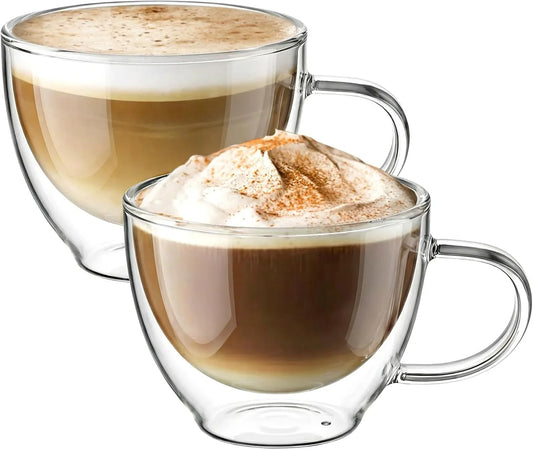 Double Walled Glass Coffee Mug 12 Oz Latte Cappuccino Cups Set of 2, Clear Glass Coffee Cups with Handle, 350 Ml Insulated Coffee Cup Borosilicate Heat Resistant Glass Mug Tea Cup