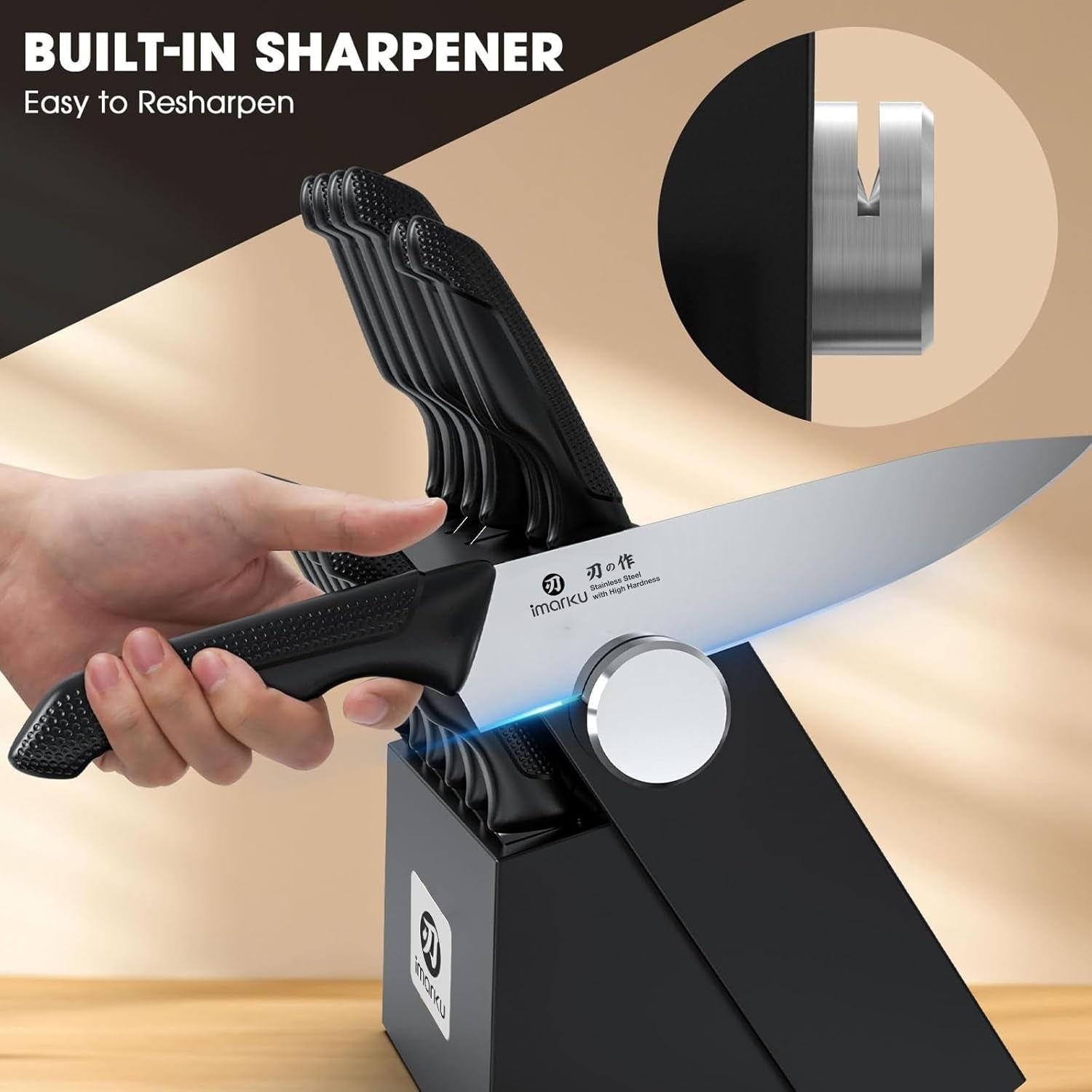 Knife Set with Block, Sharp Knives Set with Built-In Sharpener, Stainless Steel Kitchen Knife Sets with Non-Slip Ergonomic Handle, Dishwasher Safe, 14 PCS Professional Knife Set for Gift, Black