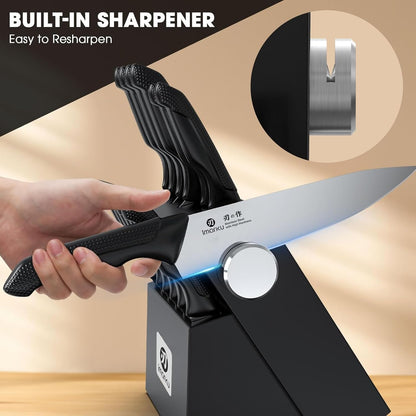 Knife Set with Block, Sharp Knives Set with Built-In Sharpener, Stainless Steel Kitchen Knife Sets with Non-Slip Ergonomic Handle, Dishwasher Safe, 14 PCS Professional Knife Set for Gift, Black