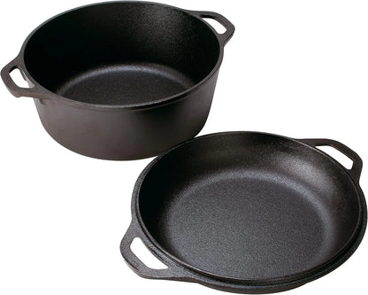 Cast Iron Double Dutch Oven - Pre-Seasoned 2-In-1 Cast Iron Cookware - Pot & Skillet Combo - Even Heat Retention - Oven-Safe, Versatile Pot - 5 Quart