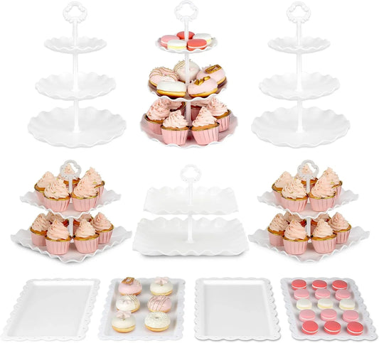 Pack of 10  Cake Stand Set, with 3 X Two-Tier and 3 X Three-Tier Cupcake Stands, 4 X Appetizer Trays, 1 X Tablecloth for Birthday Bridal Baby Shower Party (White)