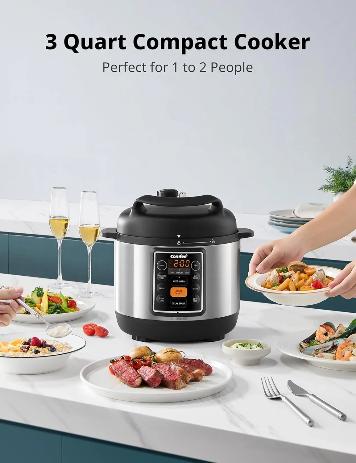 COMFEE’ 7-In-1 Small Electric Pressure Cooker, Slow Cooker, Steamer, Sauté, Sous Vide, Warmer, Multi Cooker with Natural Ceramic Coated Non-Stick Pot, 3 Quarts