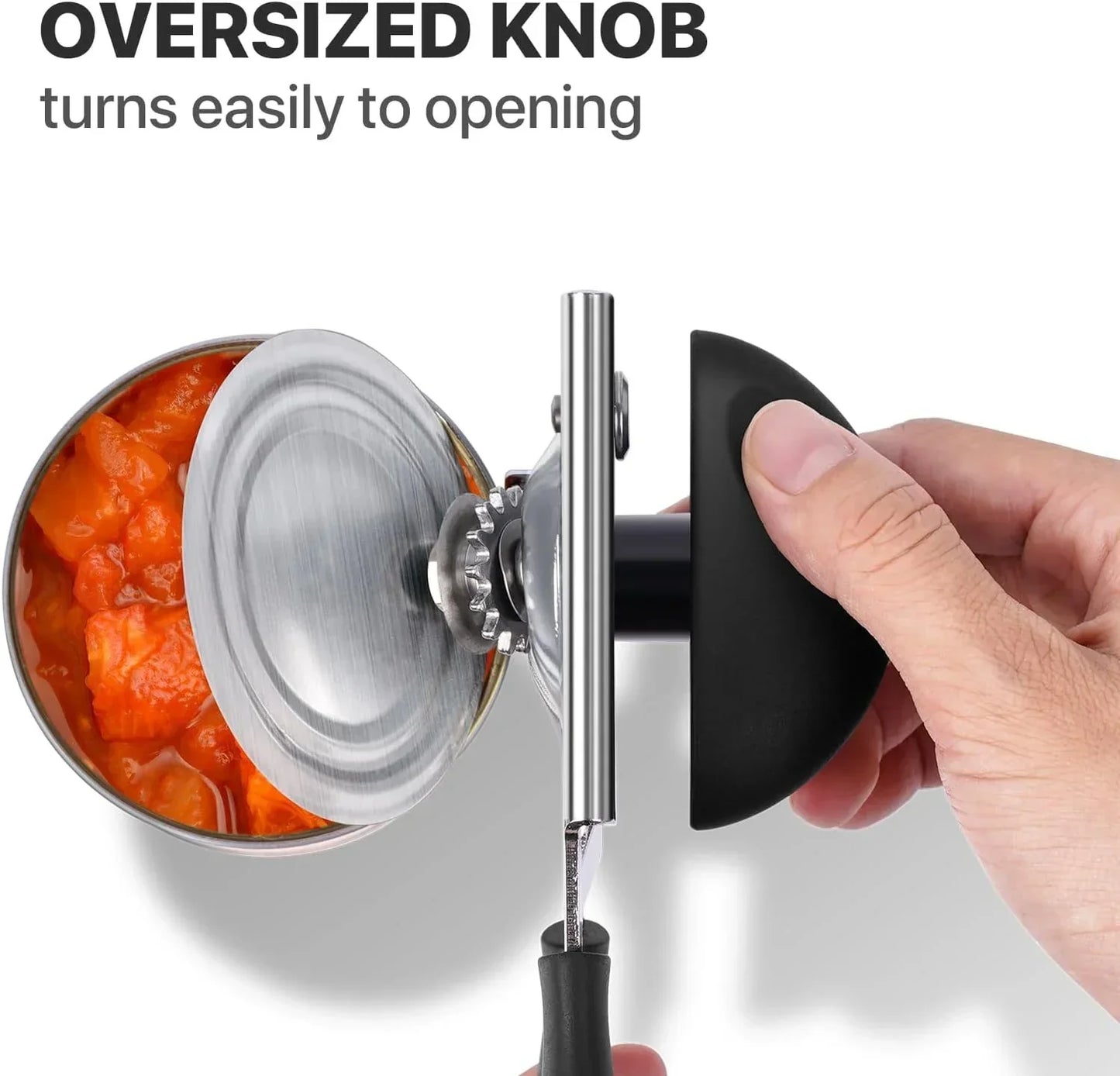 Oversized knob can opener easily opens canned food with ergonomic grip