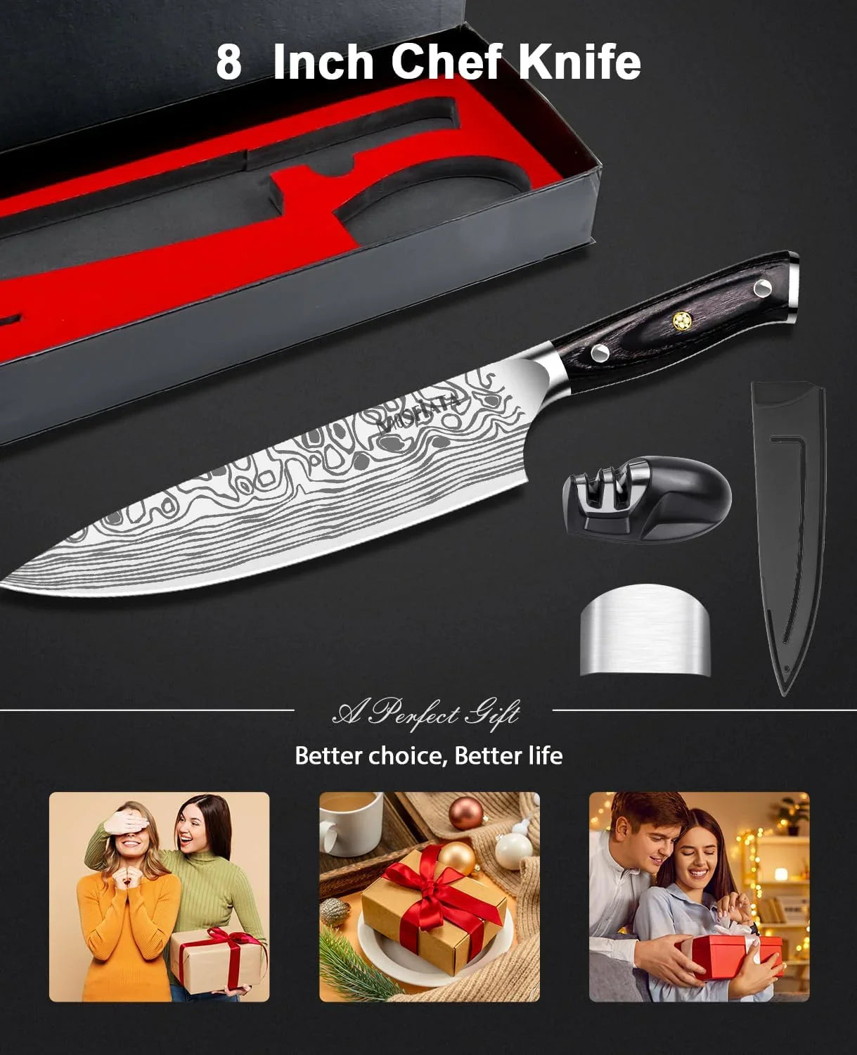 8" Super Sharp Professional Chef'S Knife with Finger Guard and Knife Sharpener, German High Carbon Stainless Steel EN1.4116 with Micarta Handle and Gift Box