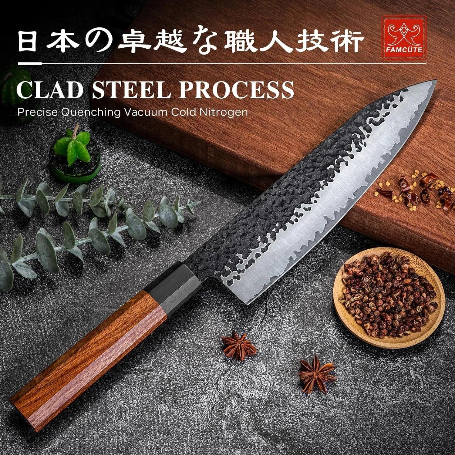 Japanese hammered steel chef knife with wooden handle on dark kitchen countertop, surrounded by spices.