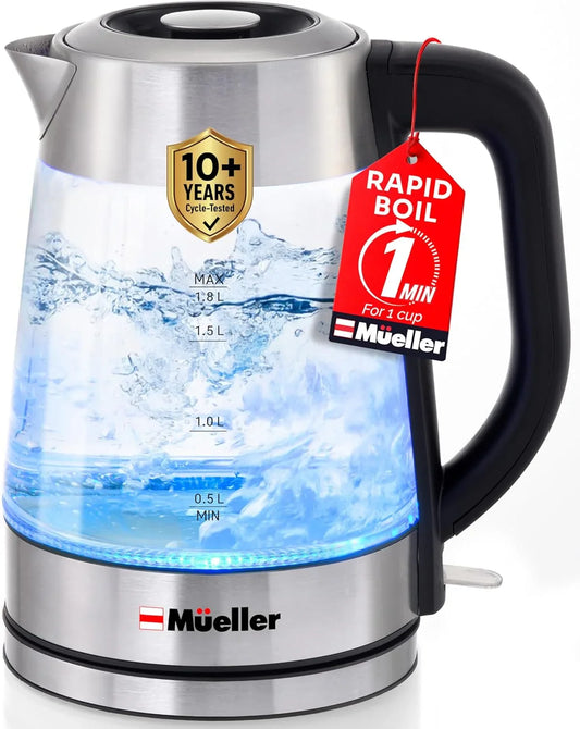 Rapid Boil Electric Tea Kettle 1.8L – Borosilicate Glass & Stainless Steel – Bpa-Free Hot Water Boiler, LED Light, Auto Shut-Off, Boil Dry Protection Fast Water Heater – Kitchen Appliances