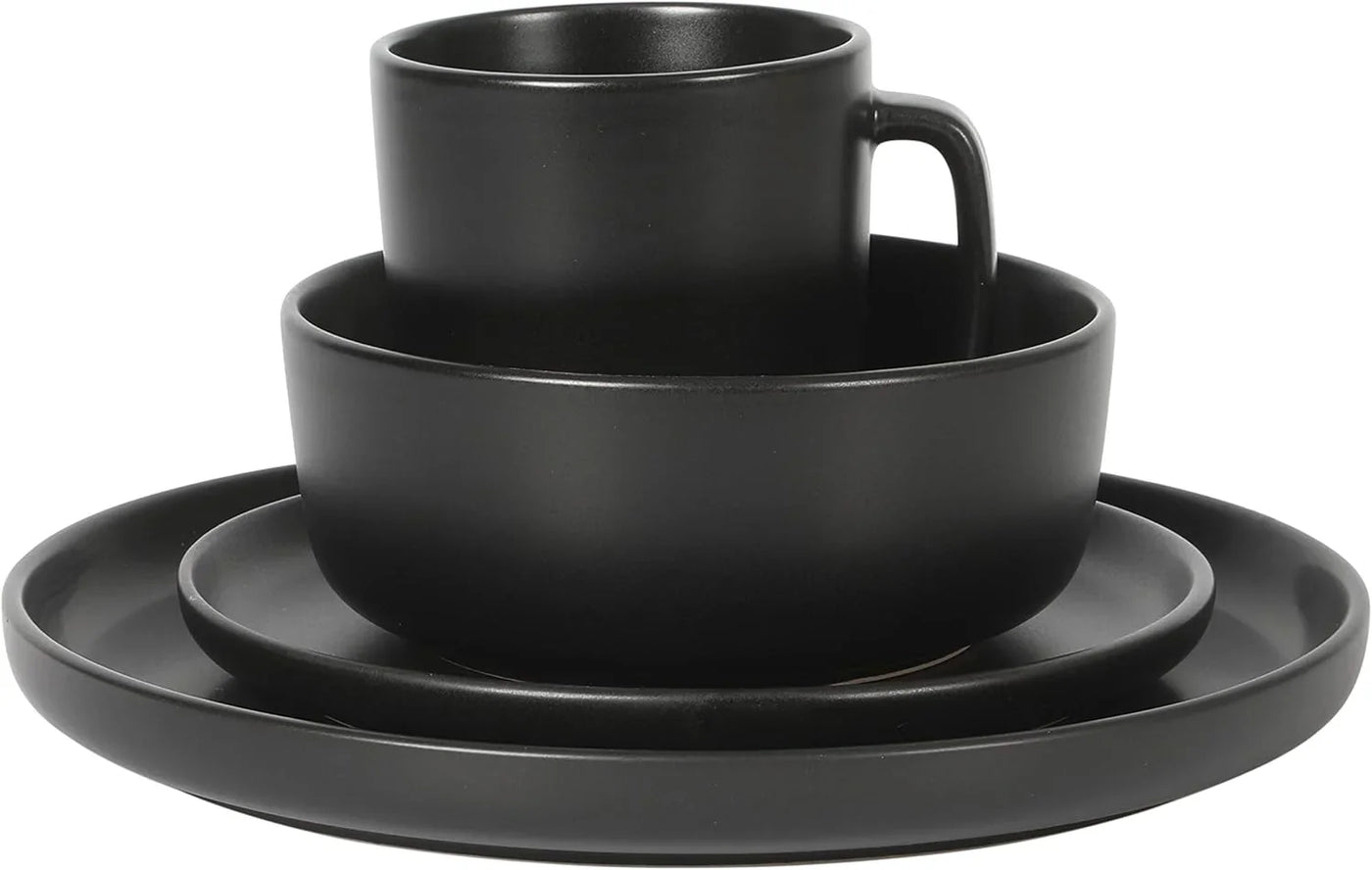 Zuma Stoneware Plates, Bowls, & Mugs Dinnerware Set - Matte Black, Service for Four (16Pcs)