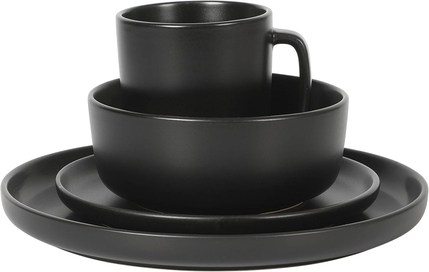 Zuma Stoneware Plates, Bowls, & Mugs Dinnerware Set - Matte Black, Service for Four (16Pcs)
