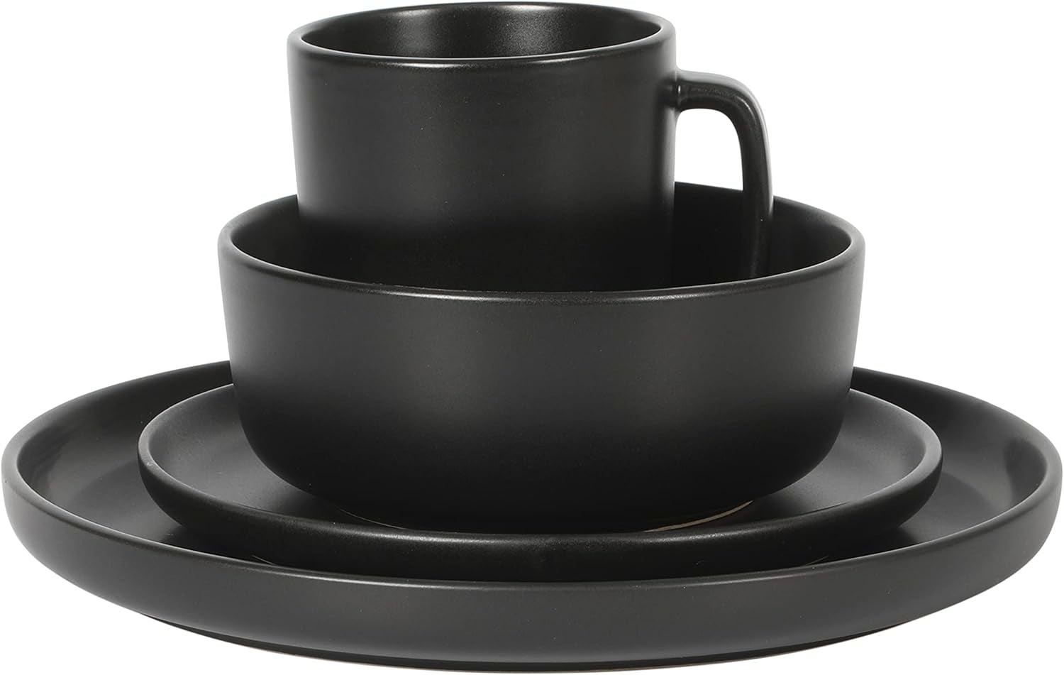 Zuma Stoneware Plates, Bowls, & Mugs Dinnerware Set - Matte Black, Service for Four (16Pcs)