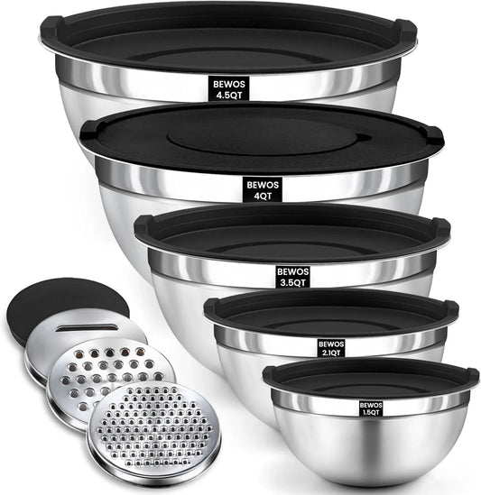 Mixing Bowls with Lids Set - 5 Pcs Stainless Steel Mixing Bowls with 3 Grater Attachments, Size 4.5, 4, 3.5, 2.1, 1.5QT Metal Bowls for Baking and Serving (Black)