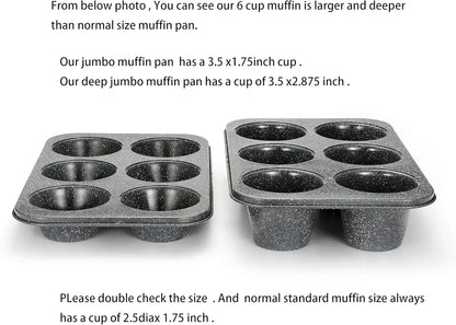 Jumbo Muffin Pan 6 Cup, Deep Muffin Pan Extra Large Cupcake Tin Black Granite Finish Carbon Steel Baking Pan 3.5Dia X3 Inch Cup