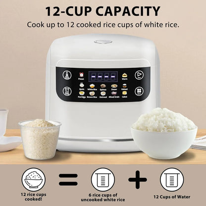 Portable Digital Rice Cooker, 6-Cup (Uncooked)/12-Cup (Cooked) Small Rice Maker with Steaming Basket, Mini Rice Cooker with 2L Removable Nonstick Inner Pot, 10 Menu Options, Auto Keep Warm, 24 Hour Delay Timer, White