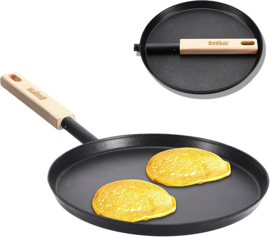 Frying Pan Skillet 8-Inch Flat Griddle Pan, Lightweight Small Grill Pan with Wooden Handle for Camping Indoor Outdoor Cooking