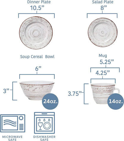 Trellis White 16-Piece Stoneware Dinnerware Set, Service for 4, Distressed White Finish, Microwave & Dishwasher Safe Plates and Bowls