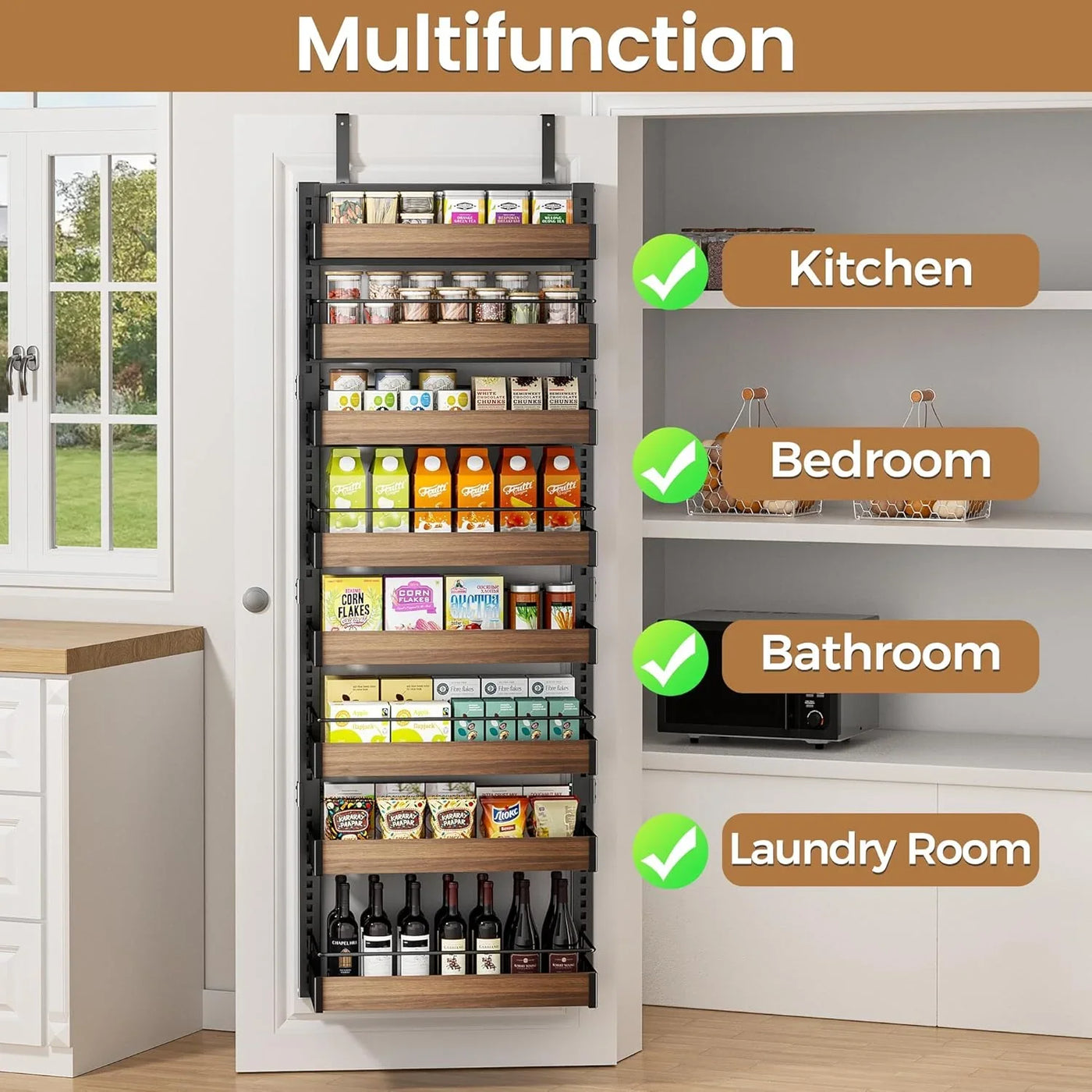 8 Tier over the Door Pantry Organizer, 2 in 1 Wall Mount or Hanging Spice Rack Seasoning Shelves with Adjustable Basket, Back of Door Organizer and Storage for Kitchen Cabinet and Room Closet