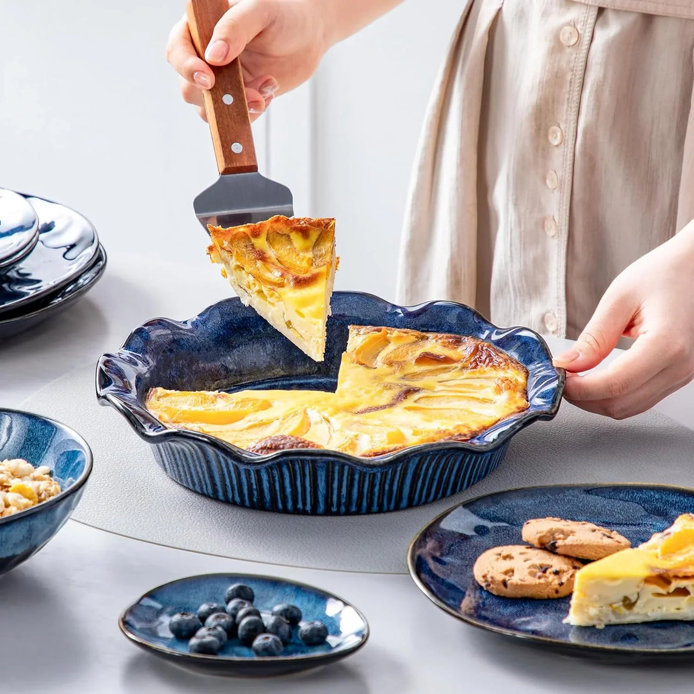 Ceramic Pie Pan for Baking, 9 Inch Deep Pie Plates for Apple Pie, Pot Pie, Tart and Quiche, Reactive Glaze Fluted Pie Pans, Large Pie Dish with Ruffled Edge, Blue, STERN Series
