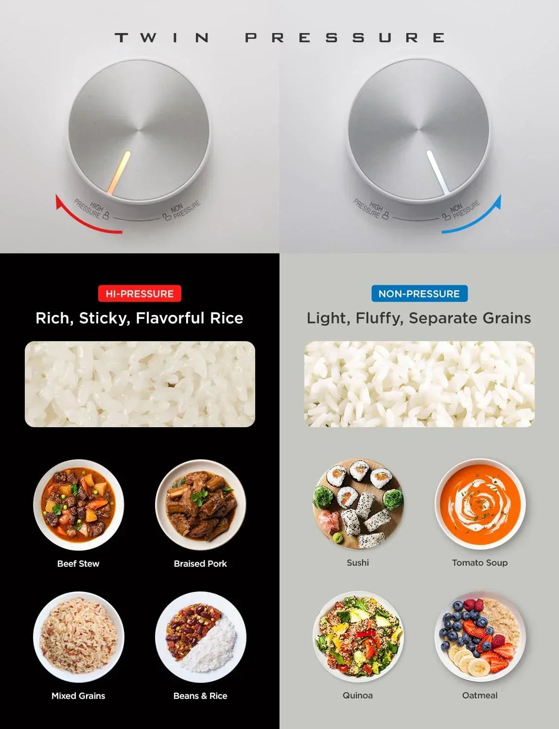 Twin Pressure cooker settings for rich rice and light grains with beef stew, sushi, and more