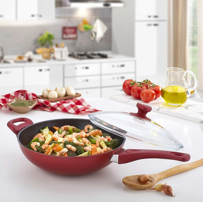 Titanium Nonstick 11 Inch Wok and Stir Fry Pan with Glass Lid Forged Aluminum with PFOA Free Scratch Resistant (Red)