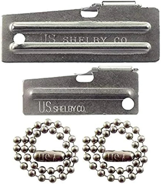 P-38 Can Opener & P-51 Can Opener with Chains, US Shelby, Stainless Steel Openers Stamped with US Shelby Co.