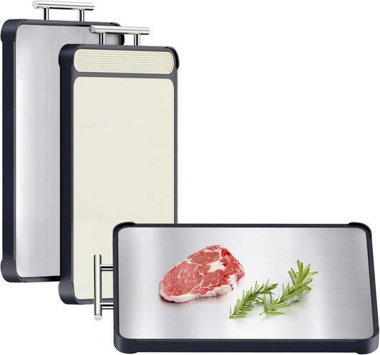 2 Pack Stainless Steel Cutting Board Set, Large Cutting Boards for Kitchen, Double Sided Meat Chopping Board with Handle, Non Toxic Wheat Straw Pp/Dishwasher Safe/Food-Grade (16×11 In)