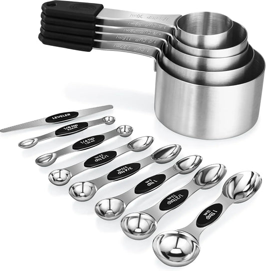Magnetic Measuring Cups and Spoons Set, 5 Stainless Steel Magnetic Measuring Cup and 8 Double Sided Measuring Spoons with 1 Leveler，Kitchen Gadgets for Cooking & Baking